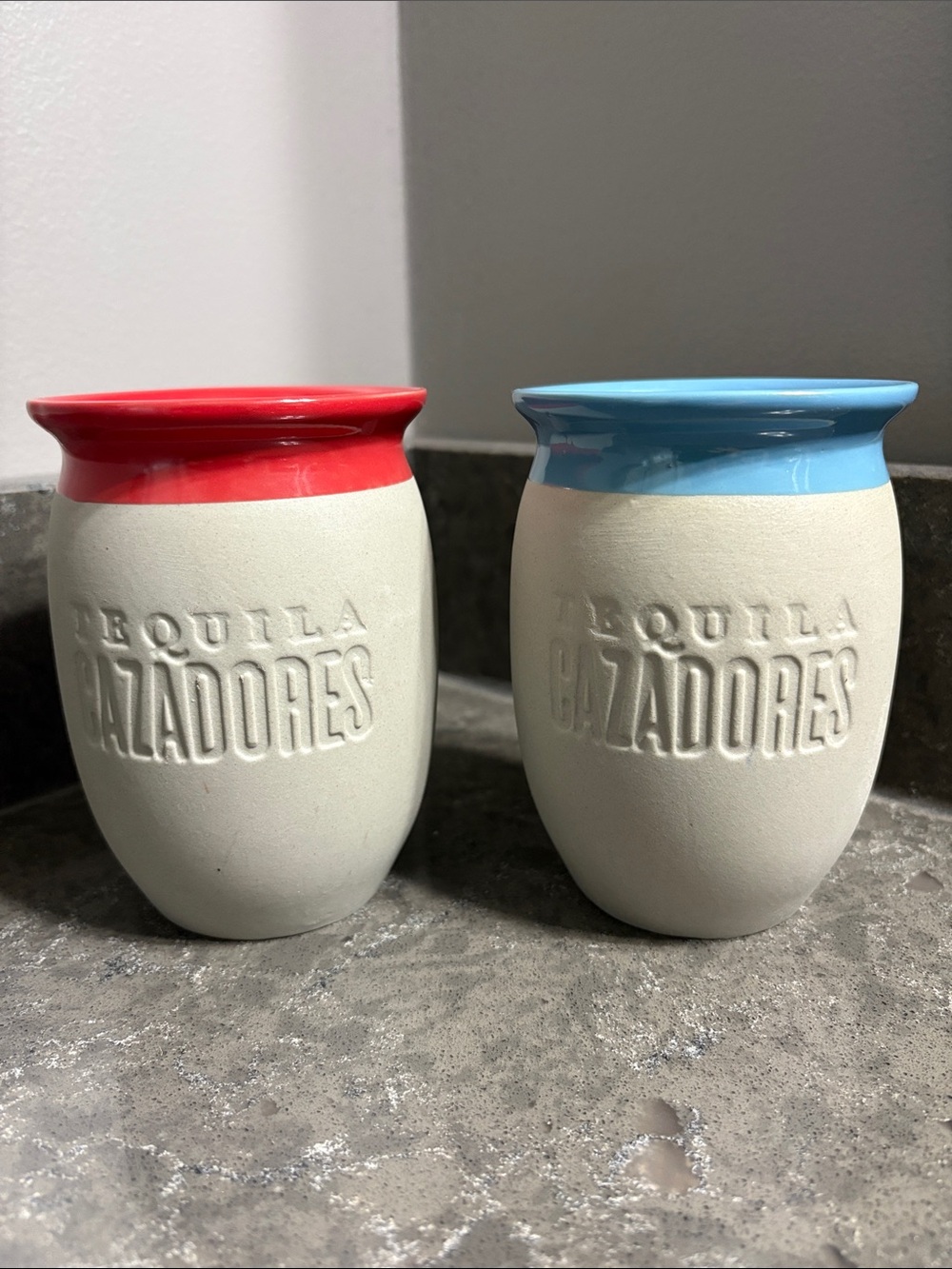 Tequila Cazadores Cantarito Mexican Pottery Cups - Red & Blue - Set of 2